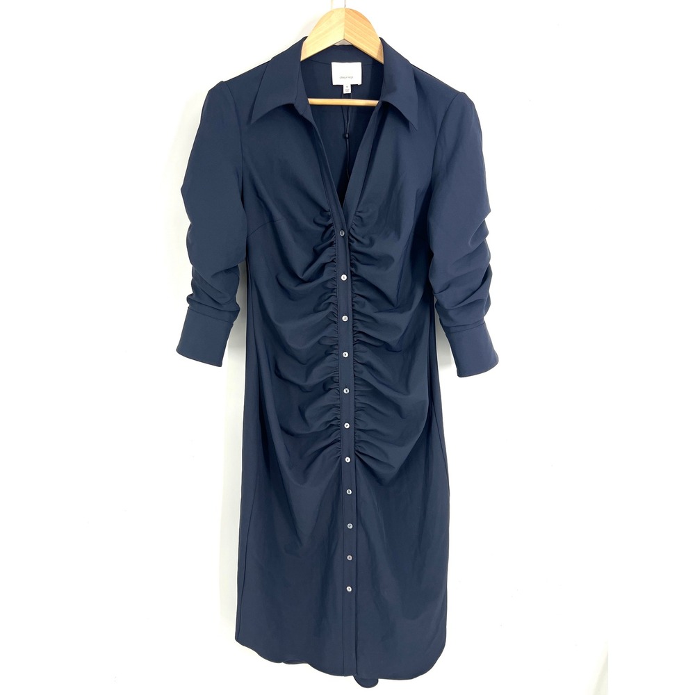 Cinq a Sept Navy Blue Ruched Button Front Shirt Dress Size 10 NWOT